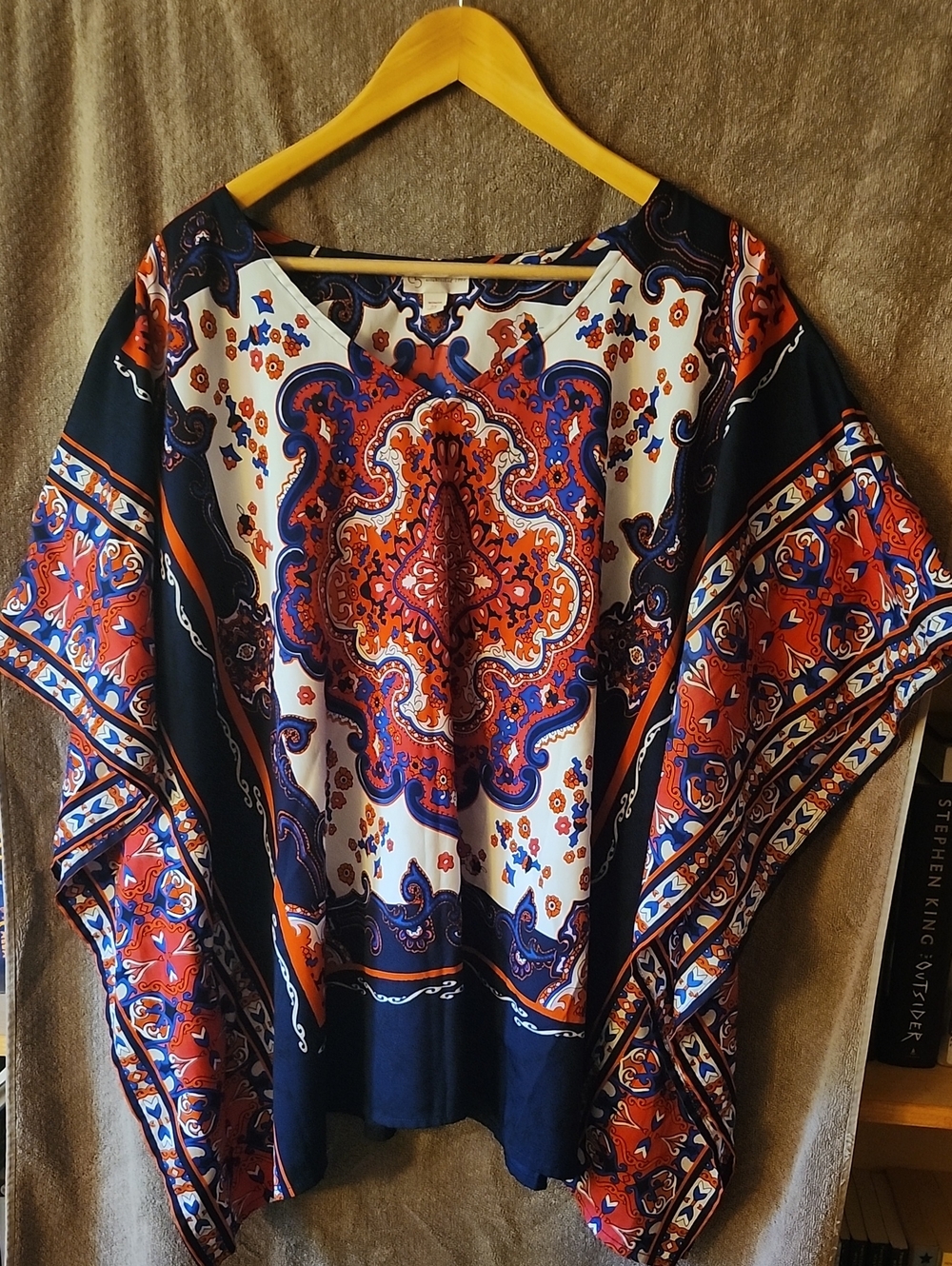 Boho Paisley Print Women's Poncho Top - Navy, Red & White